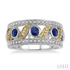 3x3MM Round Cut Sapphire and 1/6 Ctw Round Cut Diamond Fashion Ring in 14K White and Yellow Gold