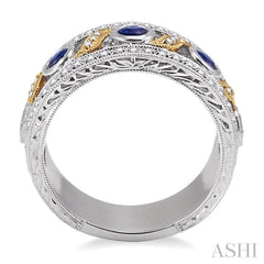 3x3MM Round Cut Sapphire and 1/6 Ctw Round Cut Diamond Fashion Ring in 14K White and Yellow Gold