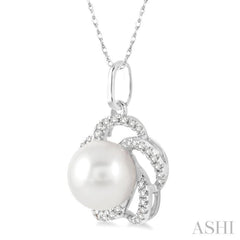 7MM Cultured Pearl and 1/8 Ctw Single Cut Diamond Pendant in 14K White Gold with Chain