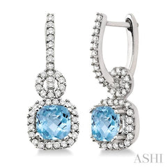 6 MM Cushion Shape Aquamarine and 1/2 Ctw Round Cut Diamond Earrings in 14K White Gold