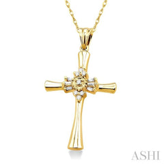 1/6 Ctw Baguette and Round Cut Diamond Cross Pendant in 14K Yellow Gold with Chain