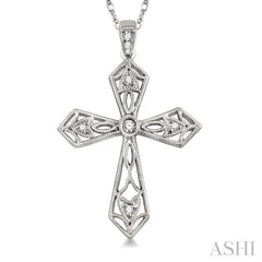 1/10 Ctw Round Cut Diamond Cross Pendant in 14K White Gold with Chain