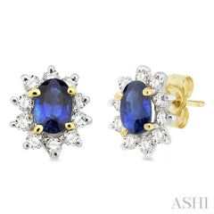 6x4MM Oval Cut Sapphire and 1/2 Ctw Round Cut Diamond Earrings in 14K Yellow Gold