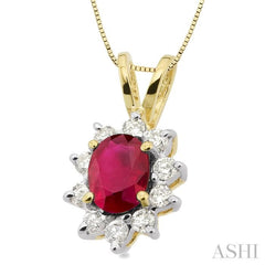 7x5MM Oval Cut Ruby and 1/3 Ctw Round Cut Diamond Pendant in 14K Yellow Gold with Chain