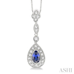 6x4 MM Pear Shape Sapphire and 1/4 Ctw Round Cut Diamond Pendant in 14K White Gold with Chain