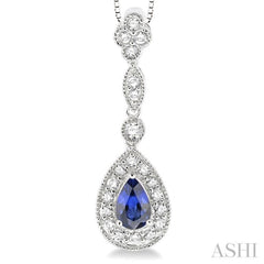 6x4 MM Pear Shape Sapphire and 1/4 Ctw Round Cut Diamond Pendant in 14K White Gold with Chain