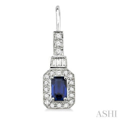 6x4 MM Emerald Shape Sapphire and 1/2 Ctw Baguette and Round Cut Diamond Earrings in 14K White Gold