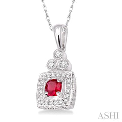 4x4 MM Cushion Shape Ruby and 1/5 Ctw Round Cut Diamond Pendant in 14K White Gold with Chain