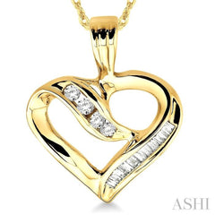 1/4 Ctw Baguettes and Round Diamond Heart Pendant in 10K Yellow Gold with Chain