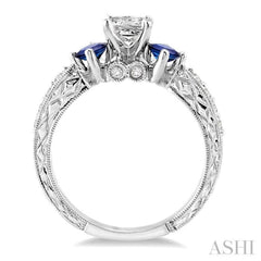 5/8 Ctw Diamond and 2.9mm Princess Cut Sapphire Engagement Ring with 3/8 Ct Princess Cut Center Stone in 14K White Gold