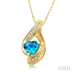 7mm Heart Shape Blue Topaz and 1/20 Ctw Single Cut Diamond Pendant in 14K Yellow Gold with Chain