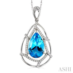 10x7mm Pear Shape Blue Topaz and 1/5 Ctw Round Cut Diamond Pendant in 14K White Gold with Chain