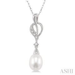 9x7MM Briolette Cut Cultured Pearl and 1/20 Ctw Round Cut Diamond Drop Pendant in 10K White Gold with Chain