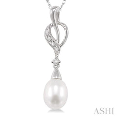 9x7MM Briolette Cut Cultured Pearl and 1/20 Ctw Round Cut Diamond Drop Pendant in 10K White Gold with Chain