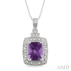 9x7 MM Cushion Shape Amethyst and 1/10 Ctw Single Cut Diamond Pendant in Sterling Silver with Chain