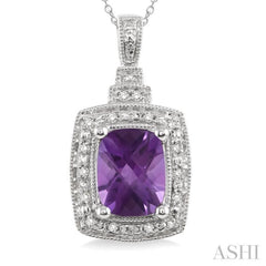 9x7 MM Cushion Shape Amethyst and 1/10 Ctw Single Cut Diamond Pendant in Sterling Silver with Chain