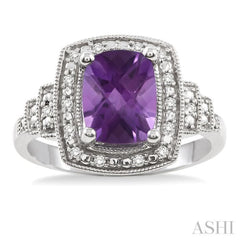 9x7 MM Cushion Shape Amethyst and 1/10 Ctw Single Cut Diamond Ring in Sterling Silver