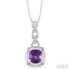 8x8MM Cushion Checker Amethyst and 1/20 Ctw Single Cut Diamond Pendant in Sterling Silver with Chain