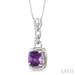 8x8MM Cushion Checker Amethyst and 1/20 Ctw Single Cut Diamond Pendant in Sterling Silver with Chain