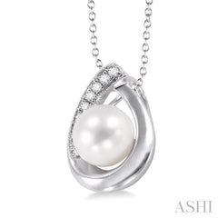 6.5 MM Cultured Pearl and 1/20 Ctw Single Cut Diamond Pendant in Sterling Silver with chain