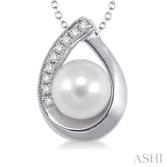 6.5 MM Cultured Pearl and 1/20 Ctw Single Cut Diamond Pendant in Sterling Silver with chain