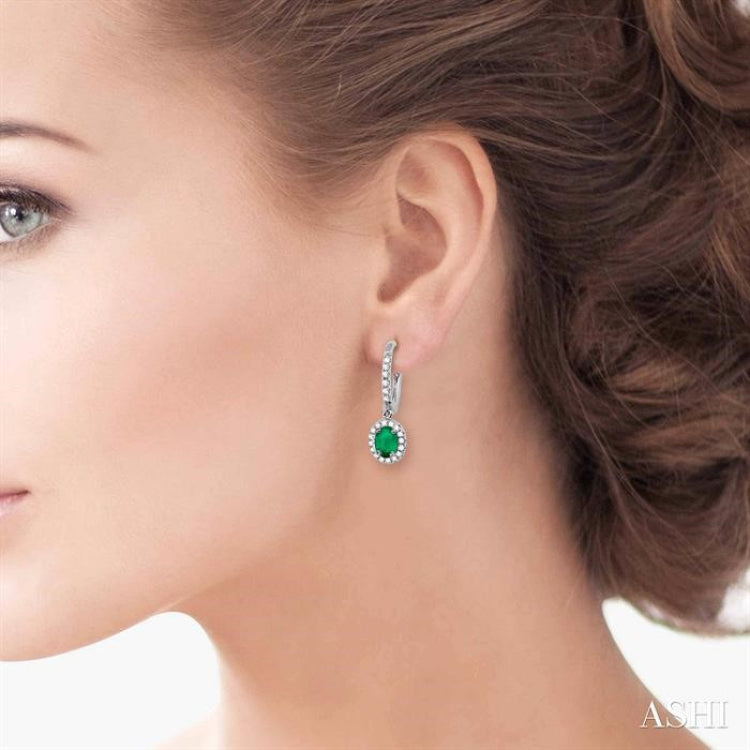 5x3 MM Oval Cut Emerald and 1/4 Ctw Round Cut Diamond Earrings in 14K White Gold
