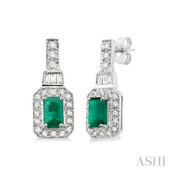 5x3 MM Emerald Shape Emerald and 1/4 Ctw Round and Baguette Cut Diamond Earrings in 14K White Gold