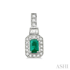 5x3 MM Emerald Shape Emerald and 1/4 Ctw Round and Baguette Cut Diamond Earrings in 14K White Gold