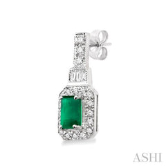 5x3 MM Emerald Shape Emerald and 1/4 Ctw Round and Baguette Cut Diamond Earrings in 14K White Gold