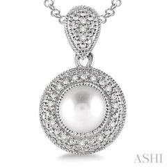 6.5x6.5 MM Cultured Pearl and 1/20 Ctw Single Cut Diamond Pendant in Sterling Silver with Chain