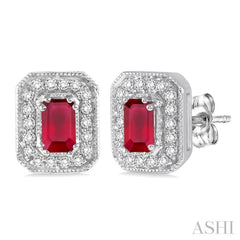 5x3 MM Emerald Shape Ruby and 1/4 Ctw Round Cut Diamond Earrings in 14K White Gold