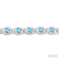 7x7  MM Cushion Shape Blue Topaz and 1/10 Ctw Single Cut Diamond Square Shape Bracelet in Sterling Silver