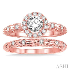 3/8 Ctw Diamond Wedding Set with 1/3 Ctw Round Cut Engagement Ring and 1/20 Ctw Wedding Band in 14K Rose Gold