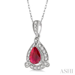 6x4  MM Pear Shape Ruby and 1/10 Ctw Round Cut Diamond Pendant in 14K White Gold with Chain