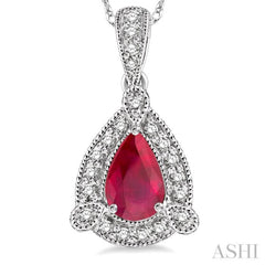 6x4  MM Pear Shape Ruby and 1/10 Ctw Round Cut Diamond Pendant in 14K White Gold with Chain