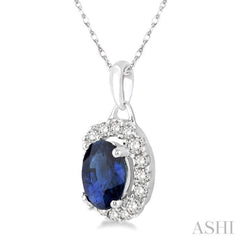 6x4 MM Oval Cut Sapphire and 1/6 Ctw Round Cut Diamond Pendant in 14K White Gold with Chain