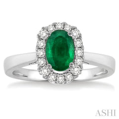 6x4 MM Oval Cut Emerald and 1/6 Ctw Round Cut Diamond Ring in 14K White Gold