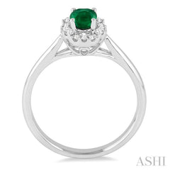 6x4 MM Oval Cut Emerald and 1/6 Ctw Round Cut Diamond Ring in 14K White Gold