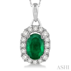 6x4 MM Oval Cut Emerald and 1/6 Ctw Round Cut Diamond Pendant in 14K White Gold with Chain