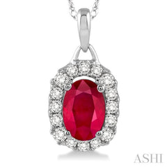 6x4 MM Oval Cut Ruby and 1/6 Ctw Round Cut Diamond Pendant in 14K White Gold with Chain