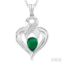 6x4  MM Pear Shape Emerald and 1/50 Ctw Single Cut Diamond Pendant in Sterling Silver with Chain