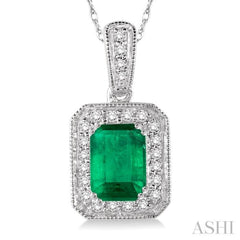 6x4  MM Emerald Shape Emerald and 1/5 Ctw Round Cut Diamond Pendant in 14K White Gold with Chain