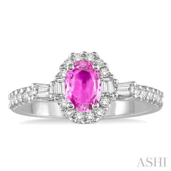 6x4 MM Oval Shape Pink Sapphire and 3/8 Ctw Diamond Ring in 14K White Gold