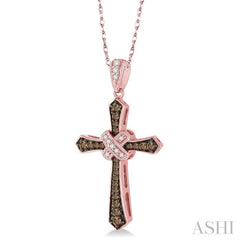 1/4 Ctw Round Cut White and Champagne Brown Diamond Cross Pendant in 10K Rose Gold with Chain