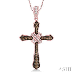 1/4 Ctw Round Cut White and Champagne Brown Diamond Cross Pendant in 10K Rose Gold with Chain