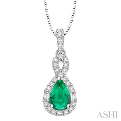 7x5 MM Pear Shape Emerald and 1/3 Ctw Diamond Pendant in 14K White Gold with Chain