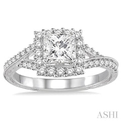 7/8 Ctw Diamond Engagement Ring with 3/8 Ct Princess Cut Center Stone in 14K White Gold