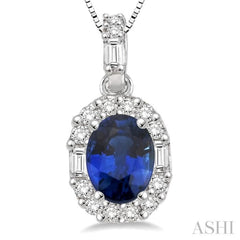 6x4 MM Oval Shape Sapphire and 1/4 Ctw Diamond Pendant in 14K White Gold with Chain