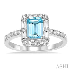 7x5 MM Emerald Cut Aquamarine and 1/2 Ctw Diamond Ring in 14K White Gold