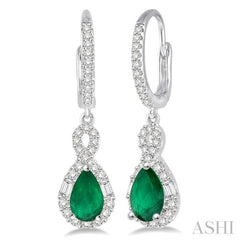 6X4MM Pear Cut Emerald and 1/2 Ctw Round Cut Diamond Precious Earrings in 14K White Gold